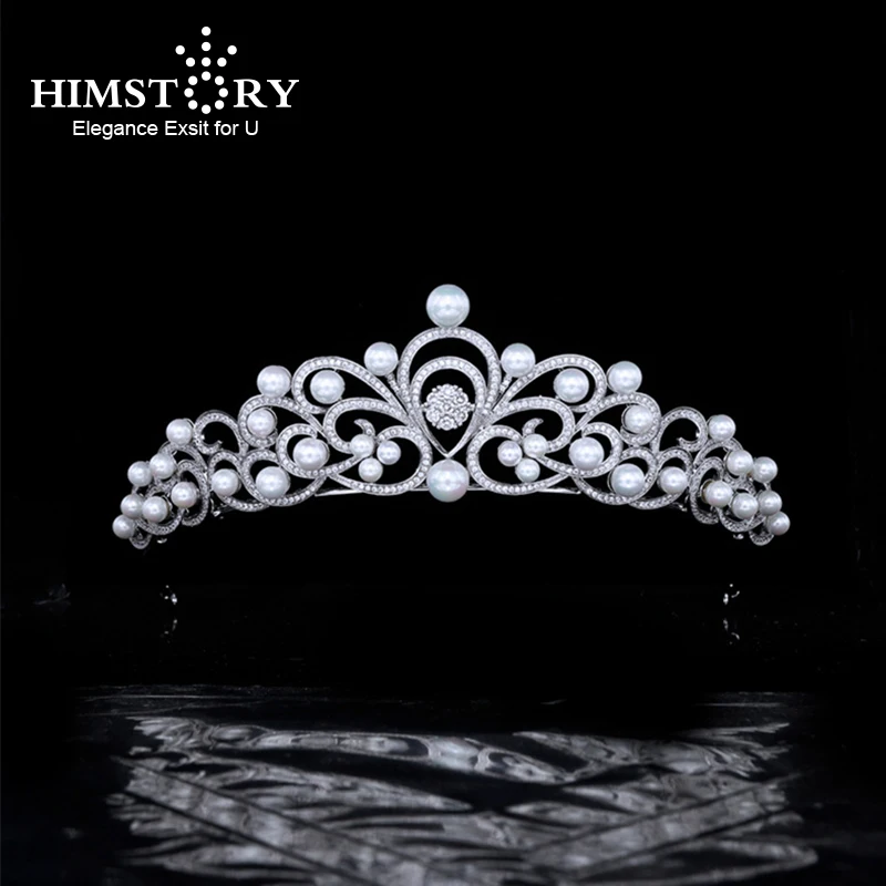 

Himstory New CZ Tiaras Crowns Sparkling Crystal Crown Bridal Engagement Wedding Pearl Hair Accessories European Style Jewelry