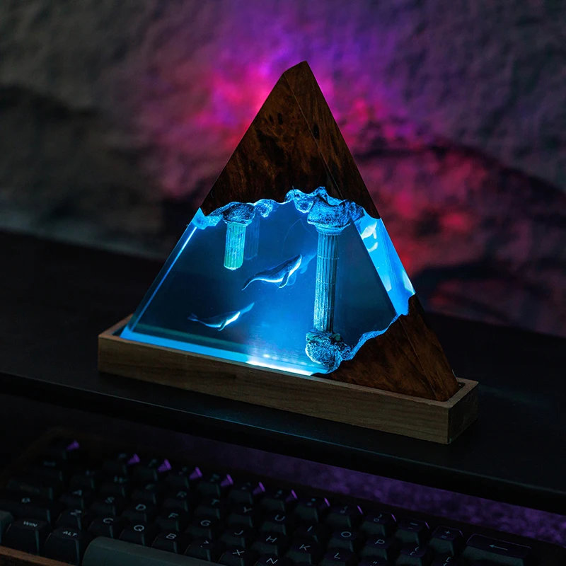 Lampada in resina oceanica Lampada da tavolo in miniatura per sfondo marino Lampada da decorazione artistica creativa Lampada da notte a tema castello affondata Carica USB