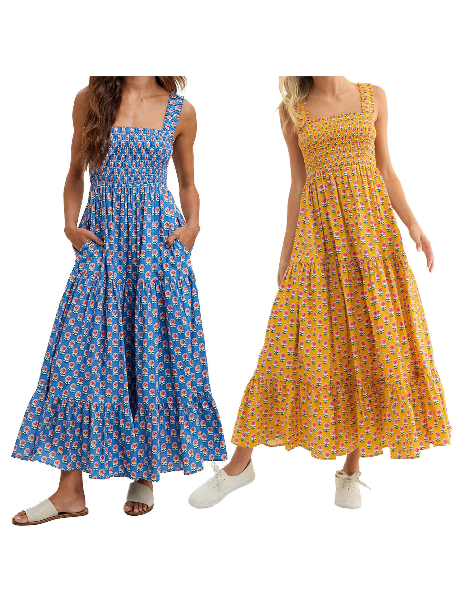 Abito lungo Boho da donna con spalle scoperte, volant, stampa floreale, senza maniche, vita smock, abito lungo da spiaggia estivo con tasche