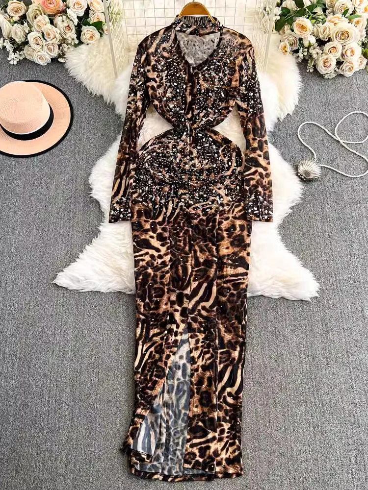 TWOTWINSTYLE Patchwork Diamonds Leopard Dress For Women Stand Collar Long Sleeve High Waist Slimming Dresses Female KDR513320