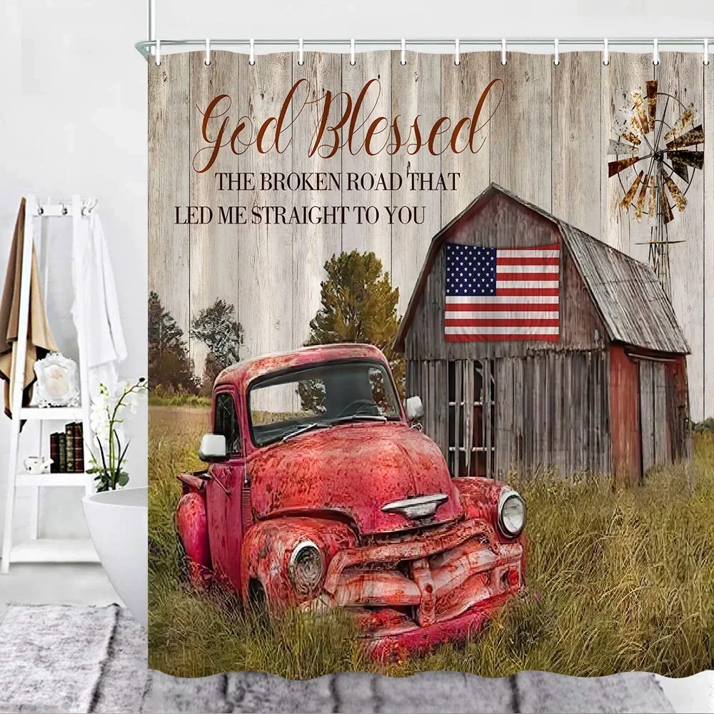 Rustic Farm Style Shower Curtains Hooks Old Red Truck Log Cabin Cows Farmhouse Decors Fabric Bathroom Curtain Bath Accessies Set