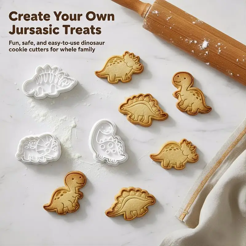 4Pcs/set Dinosaur Cookie Plunger Cutter Cartoon Baking Mould Cookie Stamp Biscuit Mold Animal Shape Cookie Cutters Baking Tools