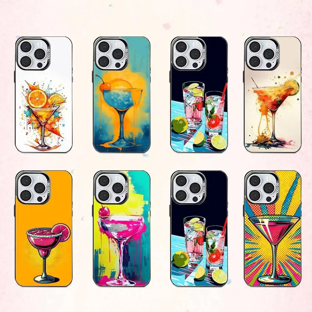 

V-Vibrant Retro Cocktail Phone Case For iPhone17,16,15,14,13,12,11 Plus,Pro Max Colored Silver Plated Inside Cover