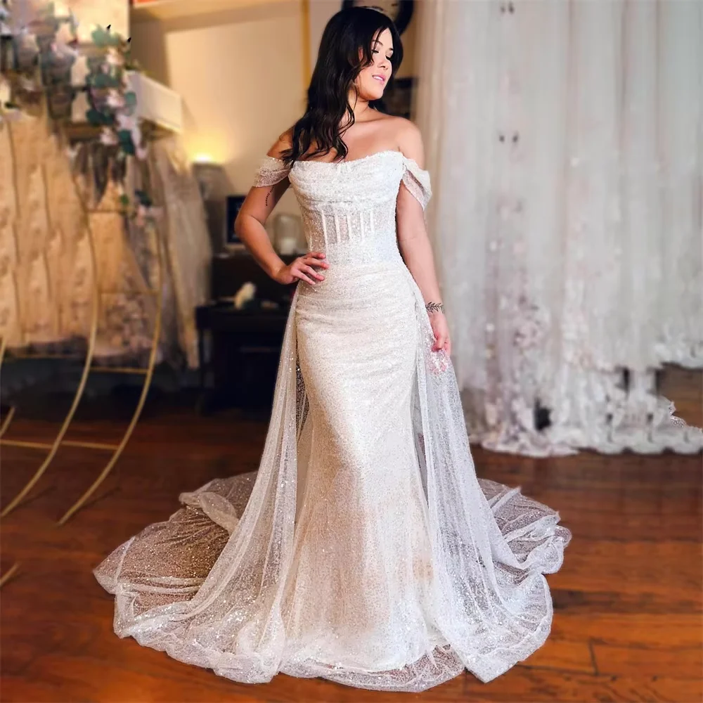 

Customized White Glitter Sequin Wedding Party Dress Off the Shoulder Formal Occasion Mermaid Prom Gowns فساتين سهره نسائيه فخمة