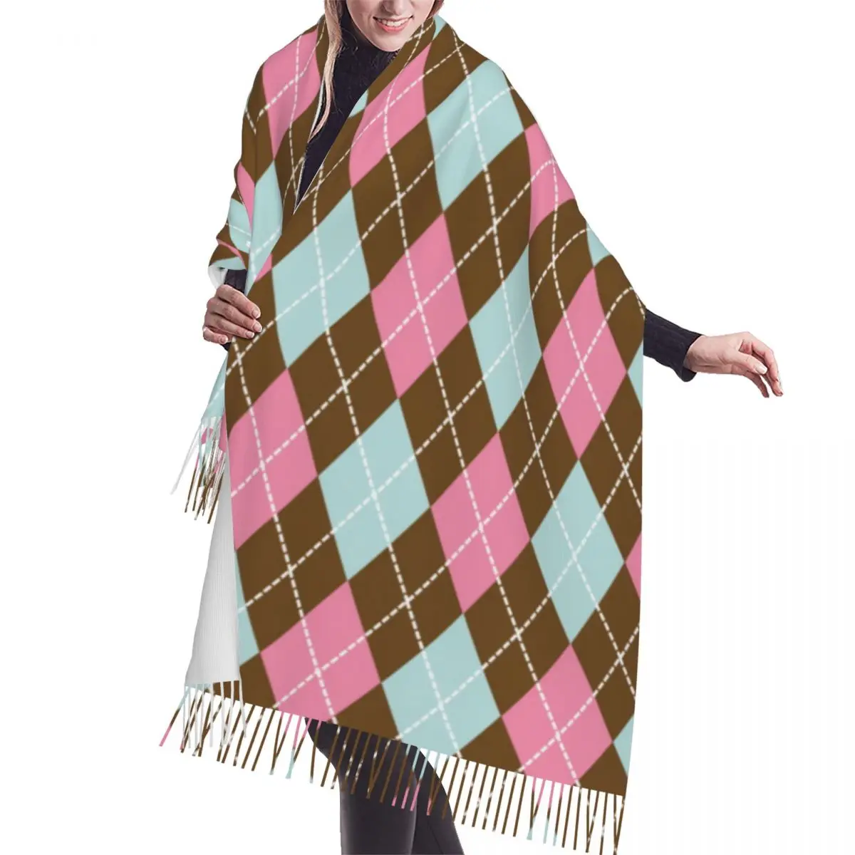 

Colorful Argyle Pattern Tassel Scarf Women Soft Shawls Wraps Ladies Winter Scarves