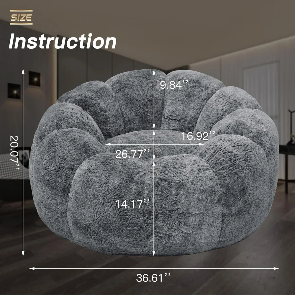 Bean Bag Sofa, Filled Bean Bag Chair, 36 Inch Low Backrest Support Petal Armrest Structure Design, Gray Bean Bag Sofa Chair