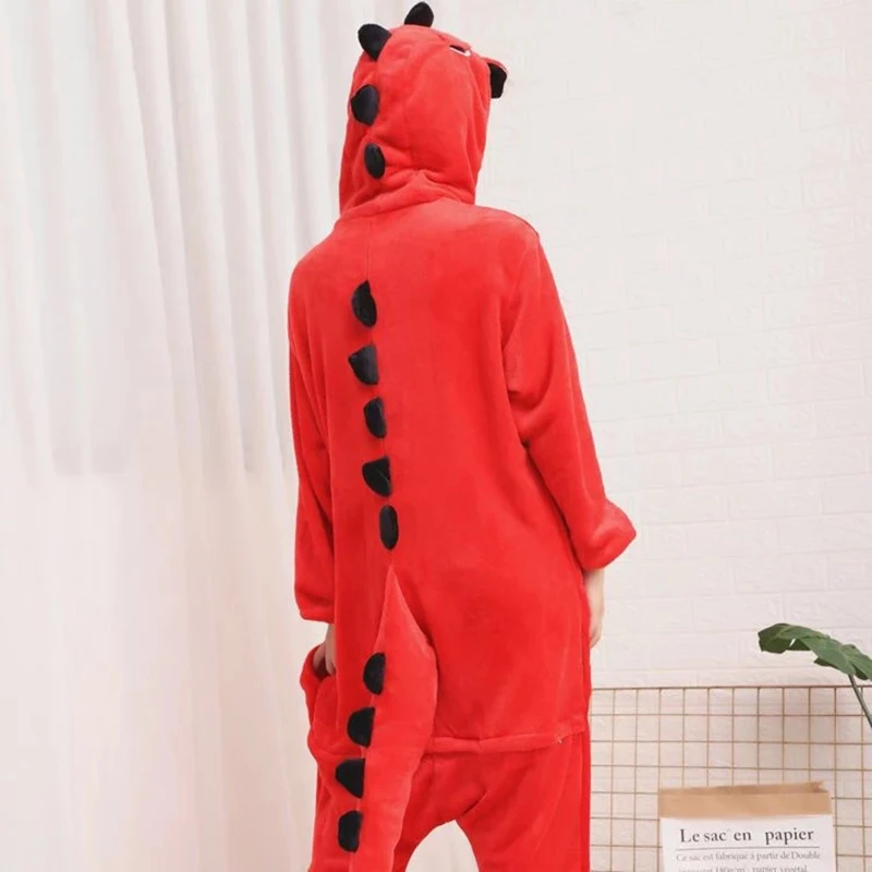 Cartoon Red Dinosaur Pyjamas Onesie Sleepwear Women Men Jumpsuits Nightgown Unisex Adult Kids Sleepwear Flannel Cosplay Costume