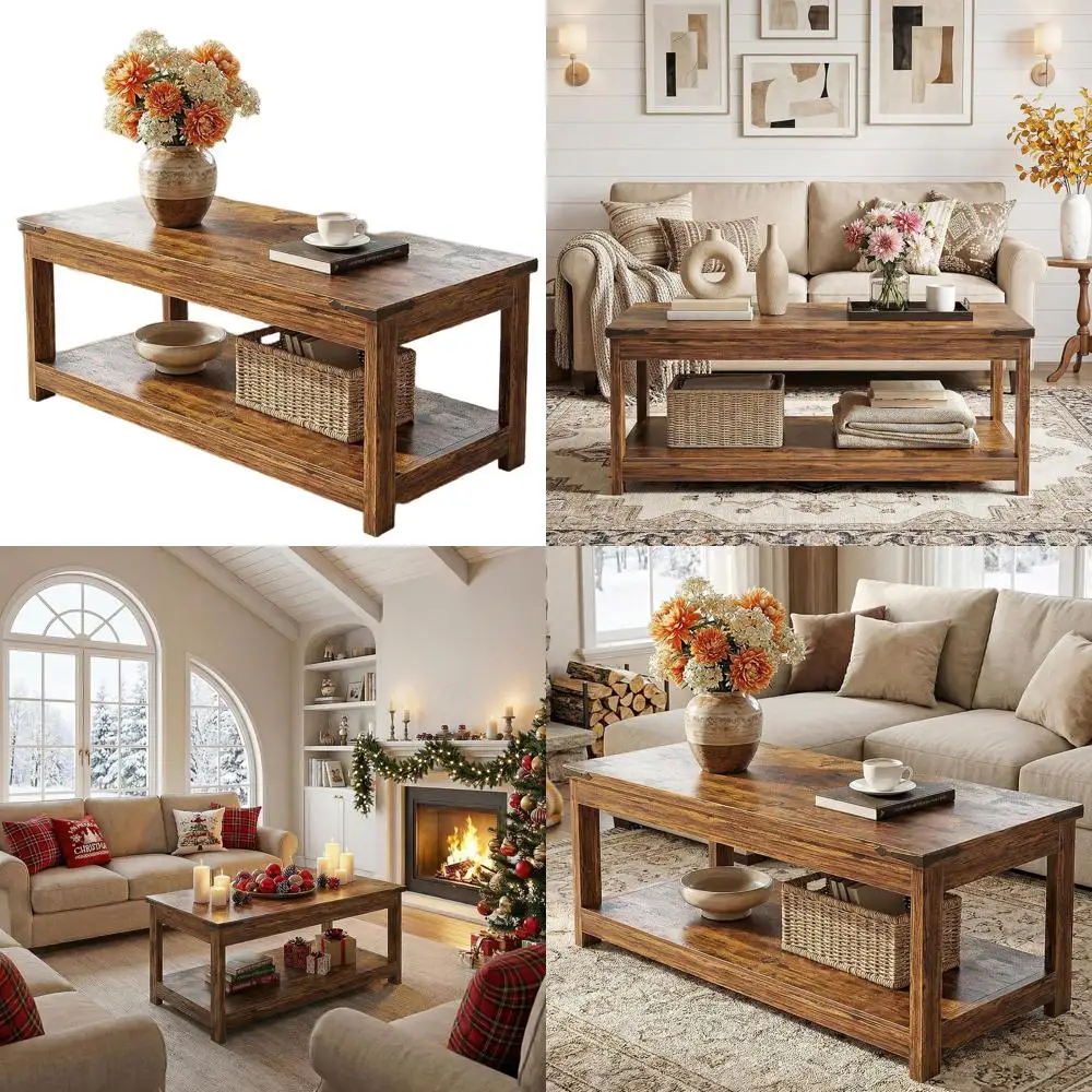 

Rustic Brown Storage Coffee Table with Open Shelf for Living Room or Center Space