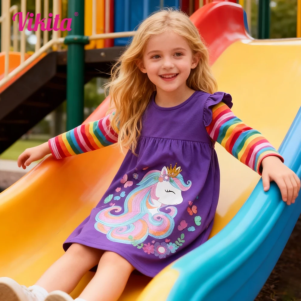 VIKITA Girls Unicorn Flower Butterfly Print Purple Cotton Casual Daily Straight Dress Kids Striped Long Sleeve Cute Clothes