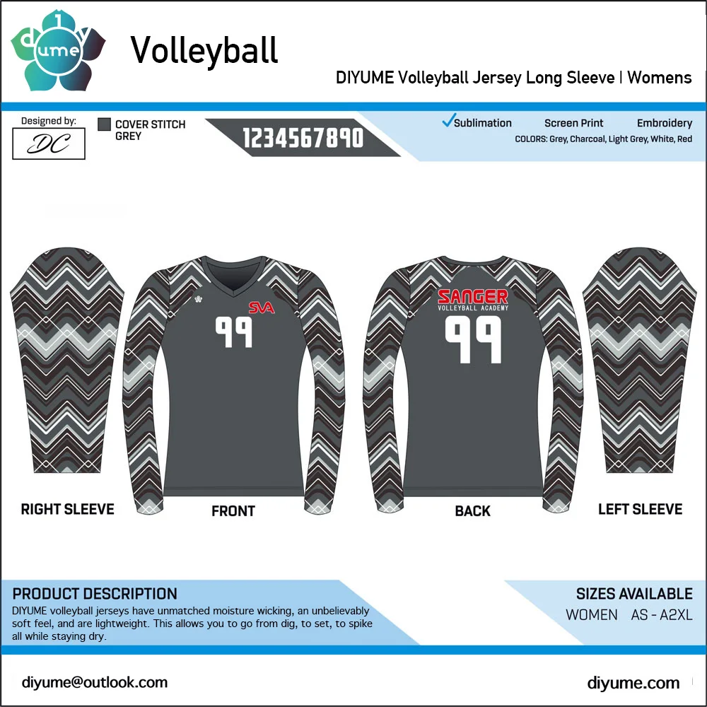 Custom Men Women Youth Volleyball Long Sleeve V-neck T-shirt Training Competition Team Uniform Printable Number Name Jersey