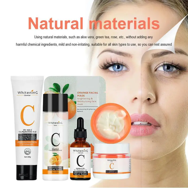 5PCS Collagen Vitamin C Serum Brightening Beauty Skin Care Set Whitening Face Moisturizer Cream Vitamina C Cleanser Toner