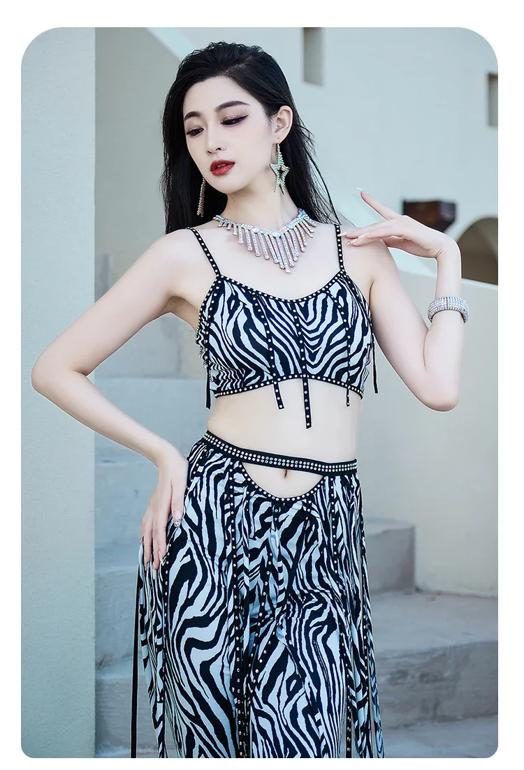 Traje de actuación de danza del vientre para mujer, conjunto sexy de borlas con estampado de leopardo, traje de práctica profesional de danza oriental para adultos