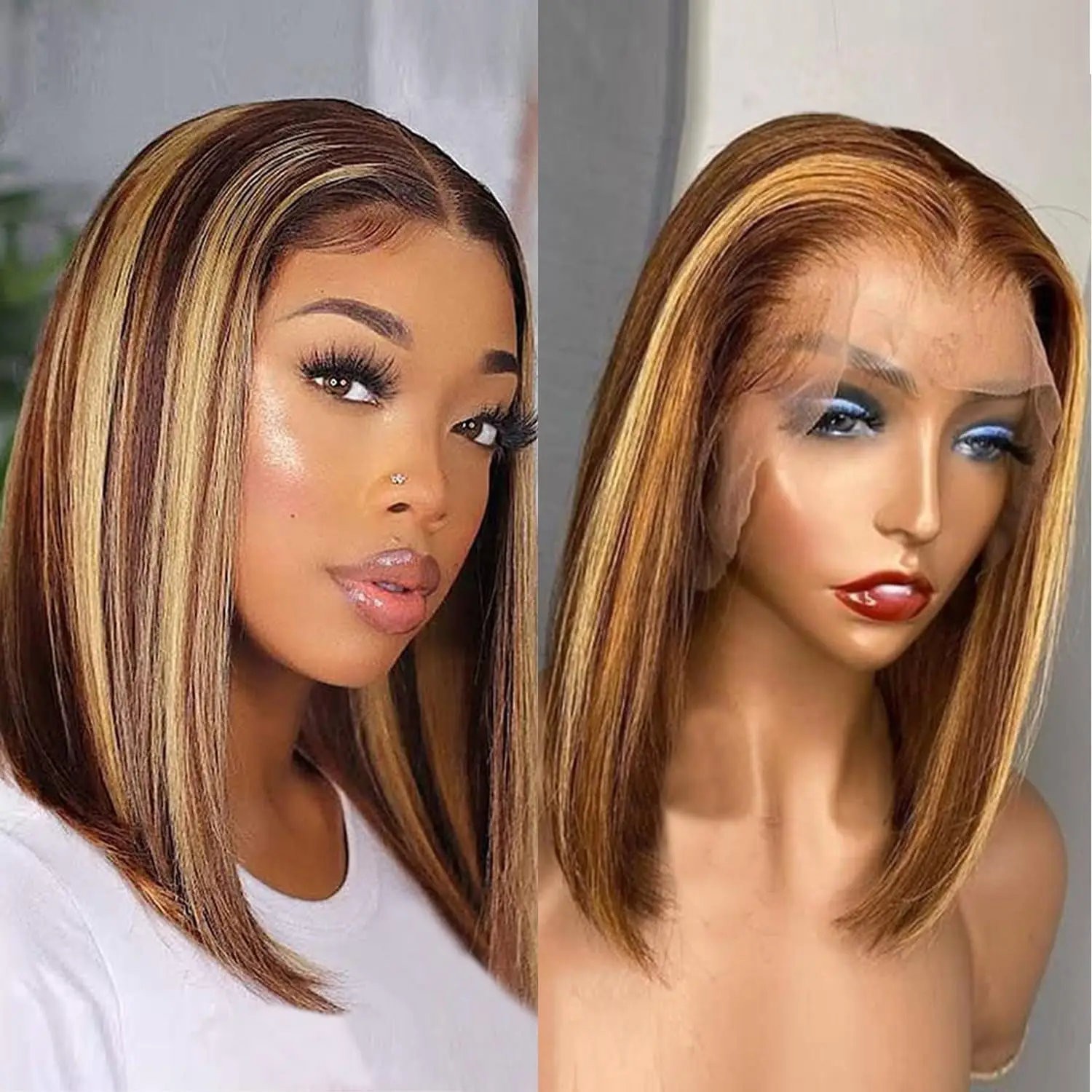 

Straight Bob Highlight 13X4 Honey Blonde Lace Front Wig Human Hair Wigs Pre Plucked Transparent Ombre Frontal Wig For Women4/27