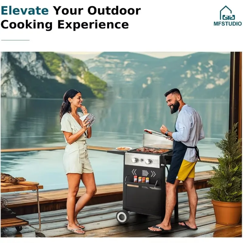 B6 JX-24 Propane Gas BBQ Grill With Cast Iron Griddle - 20,000 BTU, Portable, Side Tables, Wind-Proof Lid For Backyard