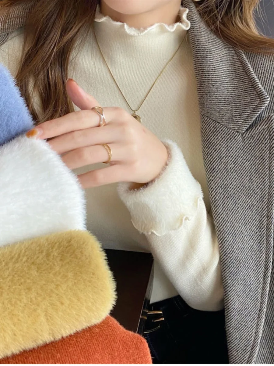 

Warm Knitted Sweater with Faux Fur Thiened Collar One-Piece Soft And Cozy Base Layer for Women Commute Sle