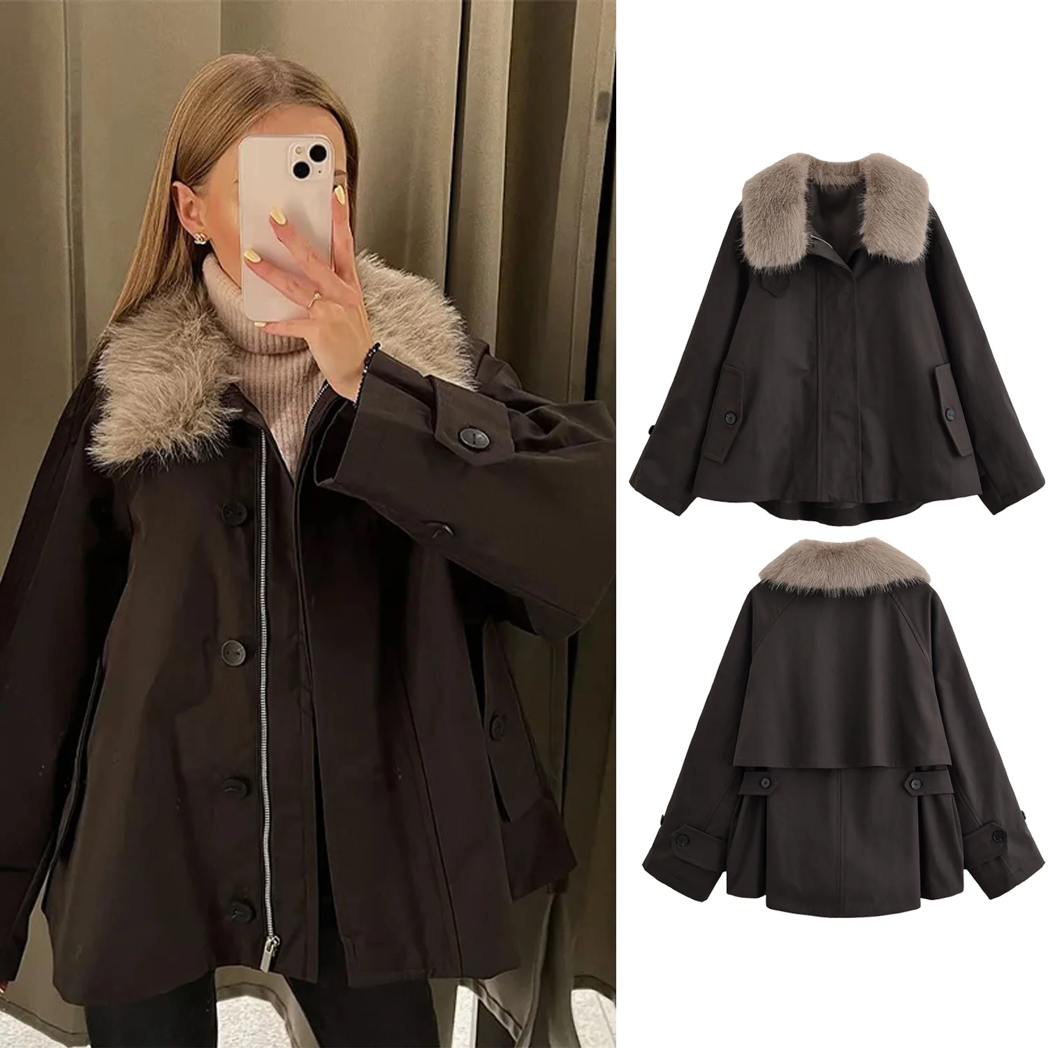 Frauen Faux Pelz Drehen-unten Kragen Jacke Lose Lange Sleeve Zipper Windjacke Mantel Weibliche Herbst Winter Casual Streetwear outwear