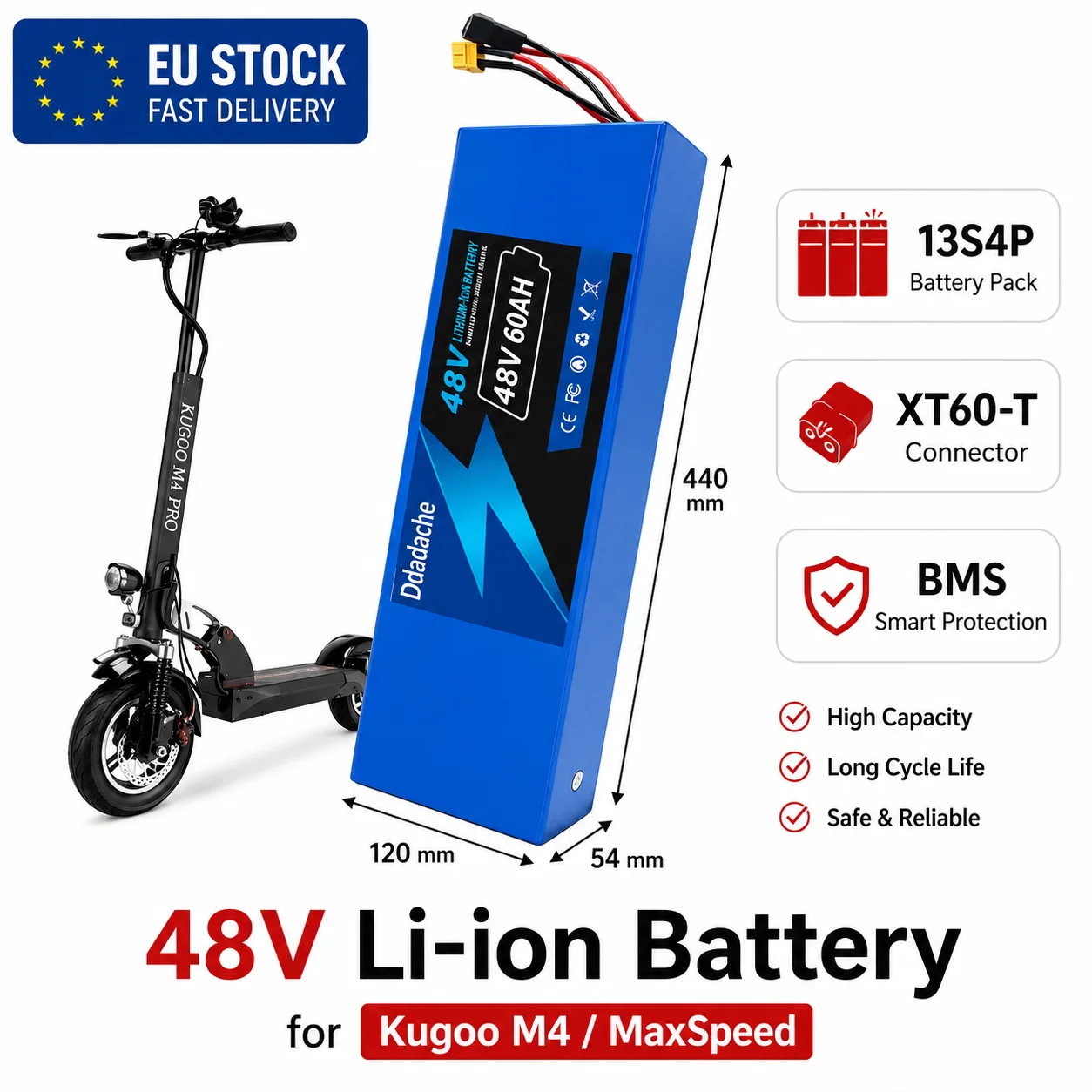 Pack de batteries lithium-ion 48V 60Ah 1000W 13S4P pour scooters électriques CitycocoBMS 54.6V, compatible avec les packs de batteries lithium-ion 48V
