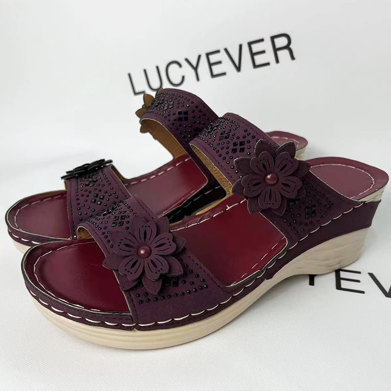 Lucyever Crystal Thick Sole Slippers for Women Summer Flower Wedges Sandals Woman 2022 Non Slip Beach Shoes Ladies Plus Size 43