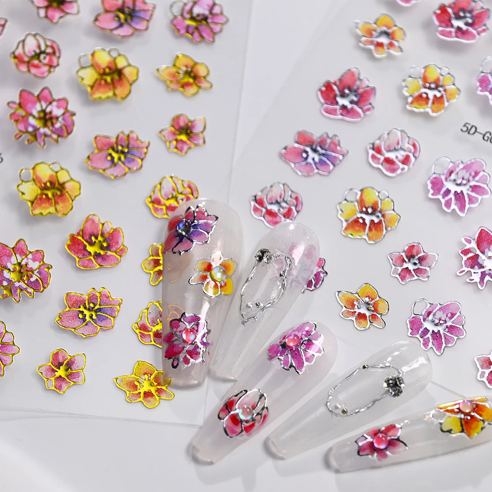 Gold Silver 5D Embossed Flower Nail Stickers Pink Purple Gradient Blossom Adhesive Nails Decals Spring Floral Manicure Sliders 1