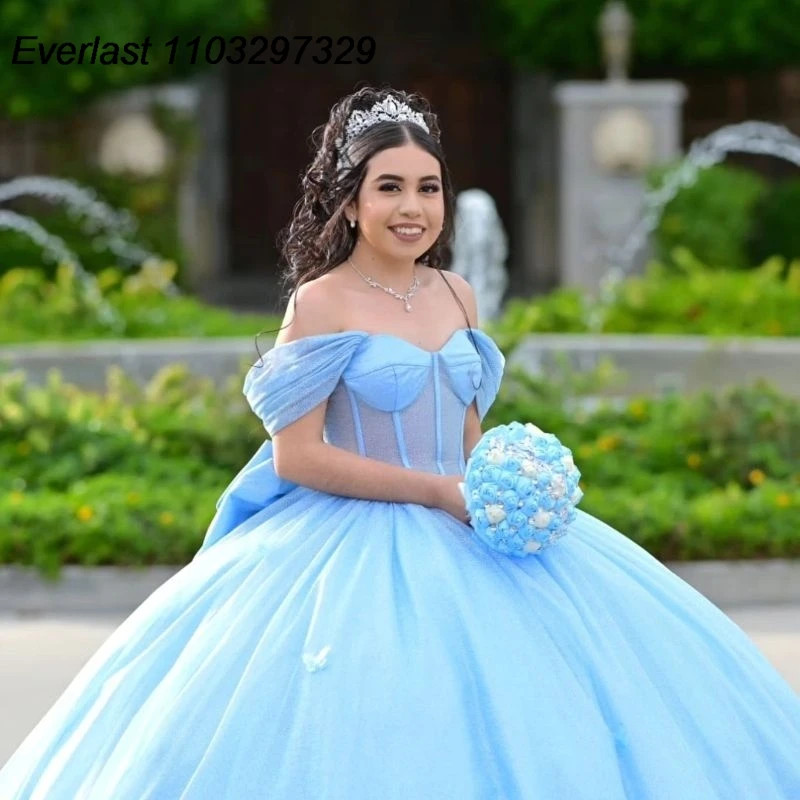 فستان Quinceanera أزرق مخصص من EVLAST مزين بفيونكة مكشوفة الأكتاف ومشد فيونكة حلوة 15 فيستدو دي 15 أنوس TQD567