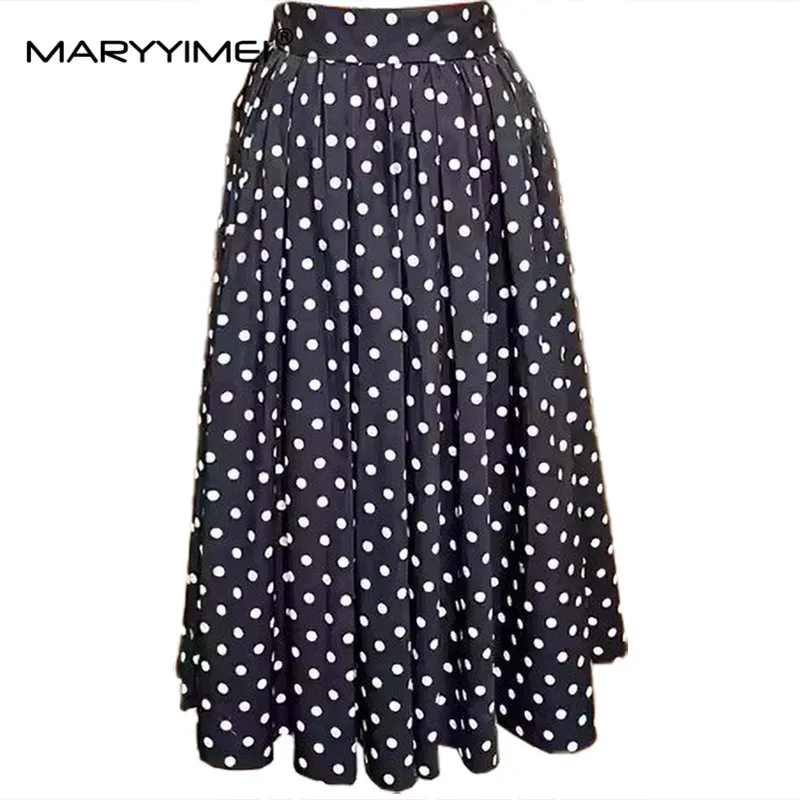 MARYYIMEI Summer Women\'s Suit Turn-Down Collar Single-Breasted Half Sleeved Silk Tops+Dots Print cotton skirt 2 Piece Set