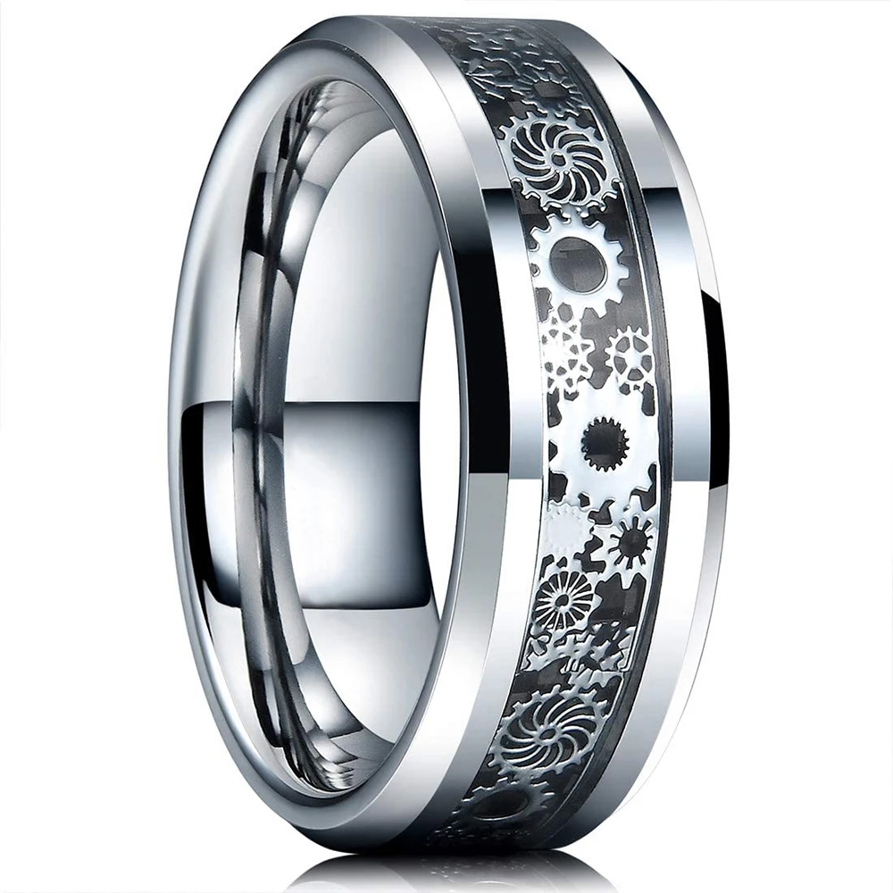 Steampunk Vintage Silver Color Gear Wheel Stainless Steel Men Ring Celtic Dragon Black Carbon Fiber Inlay Ring Mens Wedding Band