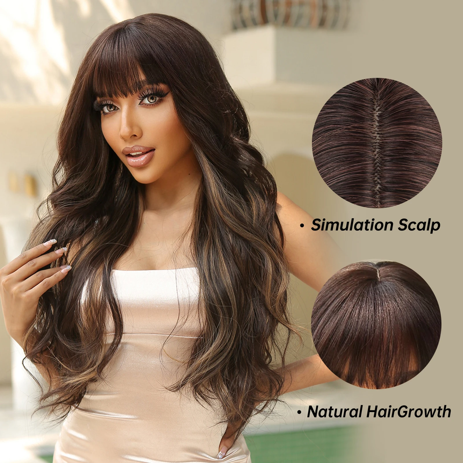 Long Body Wave Synthetic Wigs Dark Brown Highlight Golden 