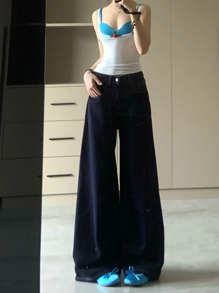 

Темно-синие американские широкие джинсы большого размера, женские осенние новые повседневные прямые брюки с заниженной талией длиной до пола