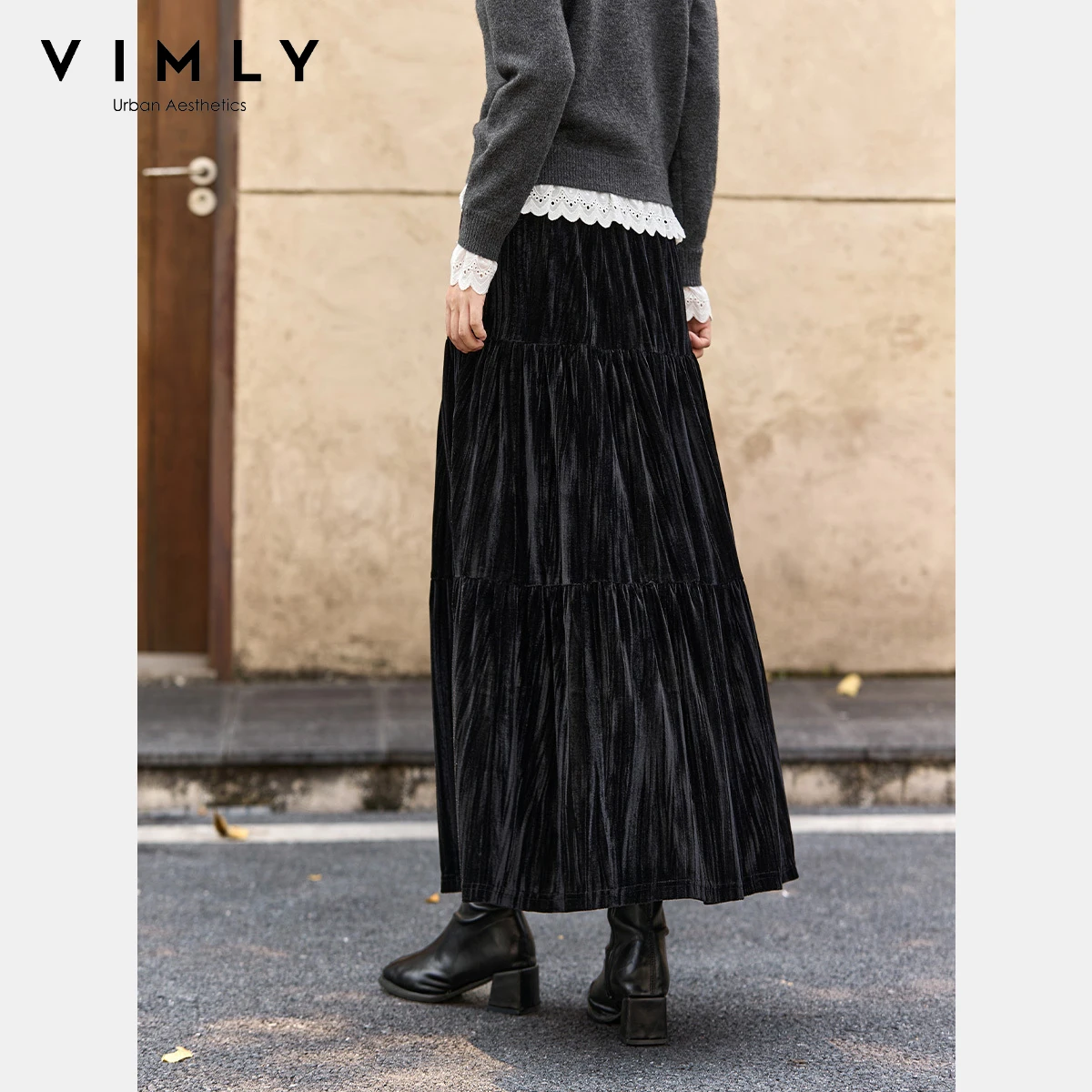 VIMLY Damskie Czarne Aksamitne Spódnice Midi Jesień 2025 Rozkloszowane Warstwowe Plisowane Długie Spódnice Eleganckie Luźne Satynowe Jedwabne Spódnice Damskie A3252