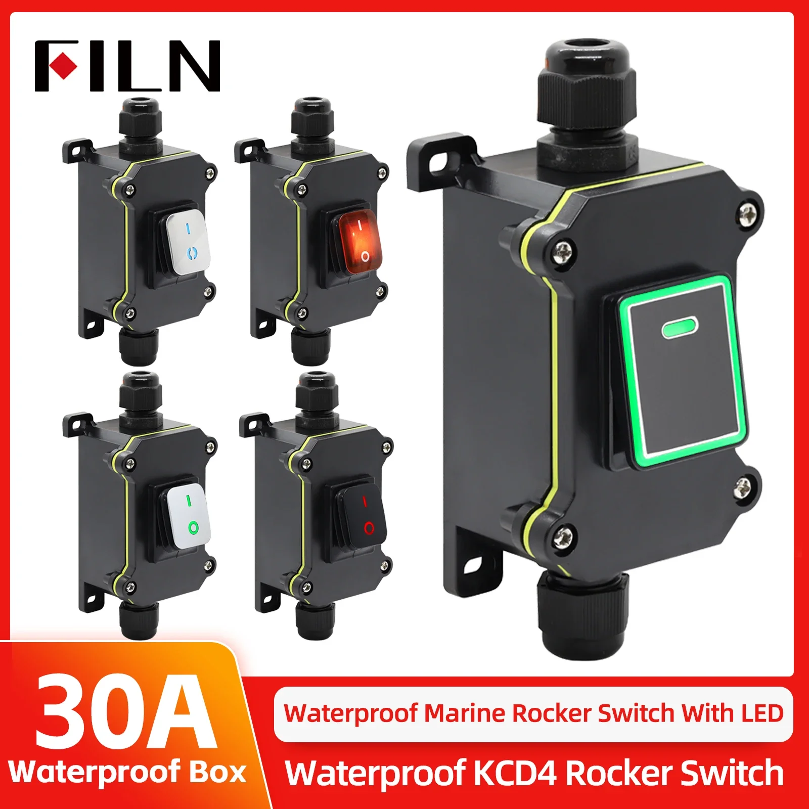 

FILN 30A Waterproof IP65 Sealed Outdoor Box Inline Cord Rocker Switch 12V 24V 220V Toggle LED Switch