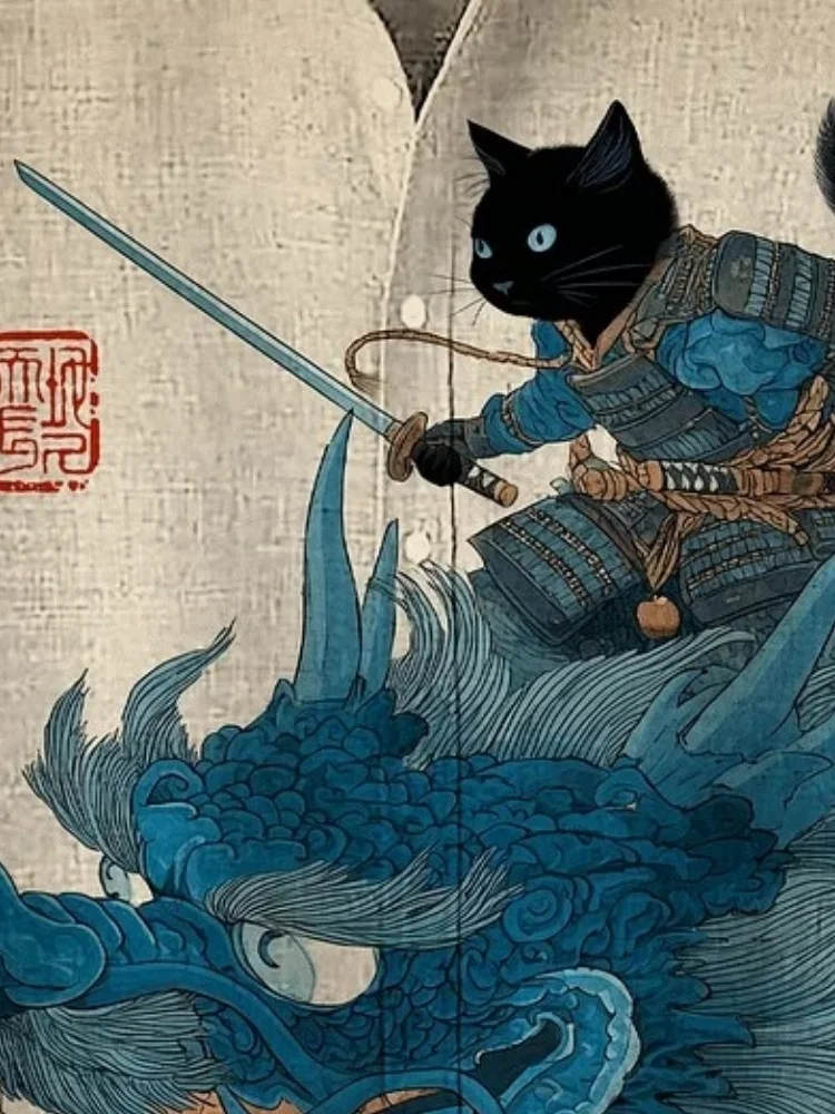 Men's Samurai Cat And Dragon Art Print Casual Shirt Hawaiian Short Sleeve Funny Summer Holiday Shirts Japanese Style Y2K Harajuk