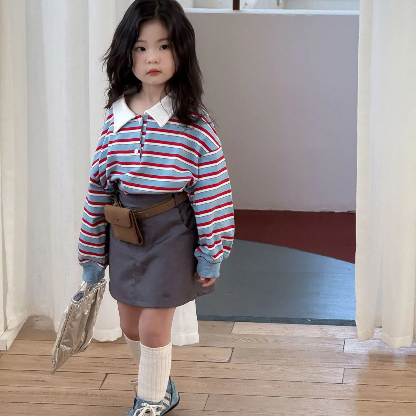 2026 Autumn New Children's Clothing Korean Children's Clothing Girls Striped Retro Long-sleeved Sweater