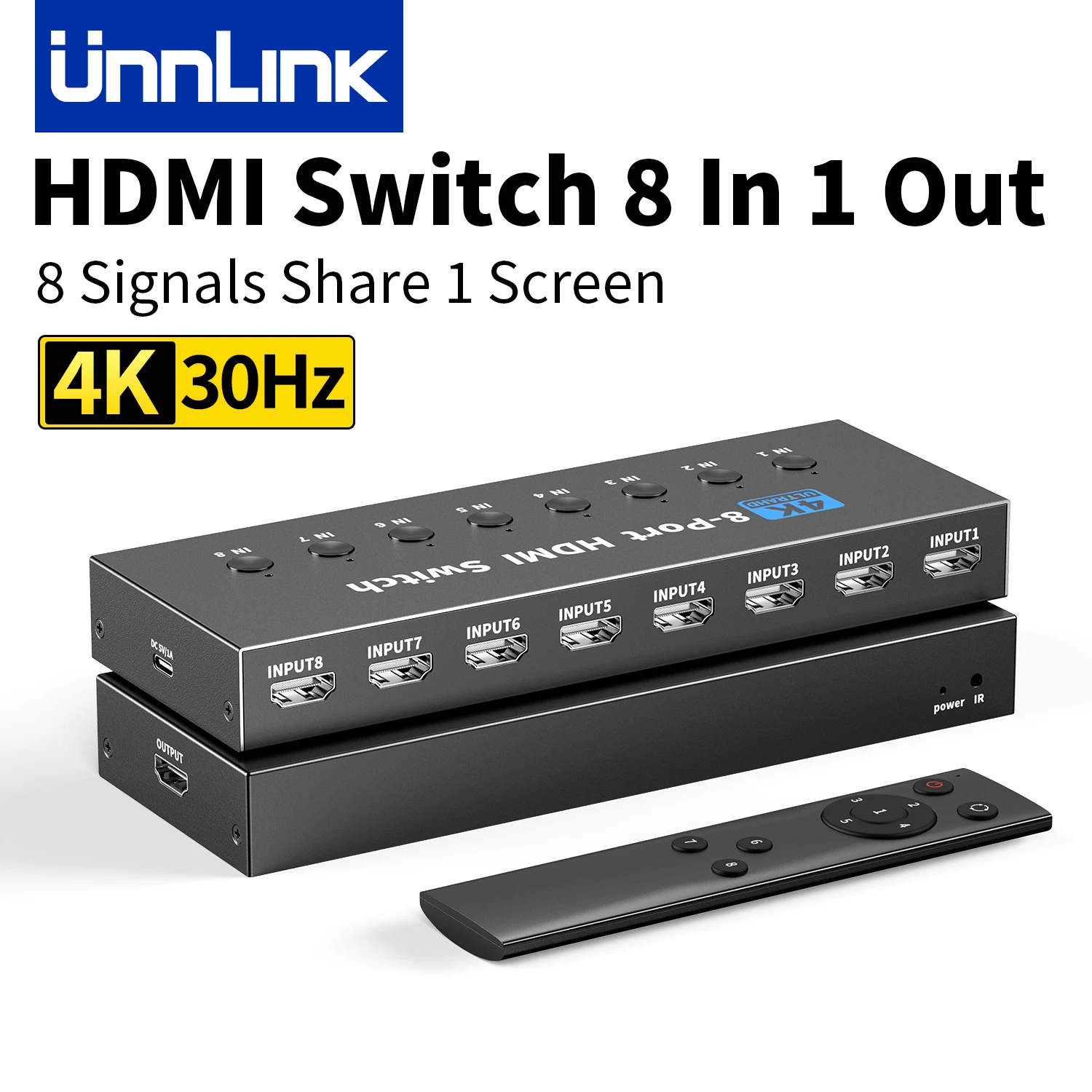 Unnlink 8 in 1 Out HDMI Switch 8 Ports, 4K@30Hz HDMI Video Switcher with Remote, for 8 Signals Sharing 1 TV or Monitor