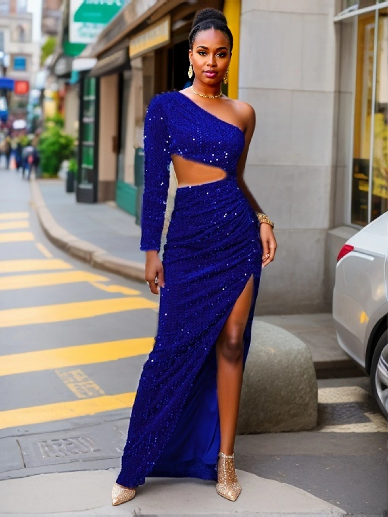 Romagic Royal Blue One Shoulder Full Sleeved Evening Party Dress Stretchy Sequin Sexy Slit Hollow Out Waist Party Prom Gown