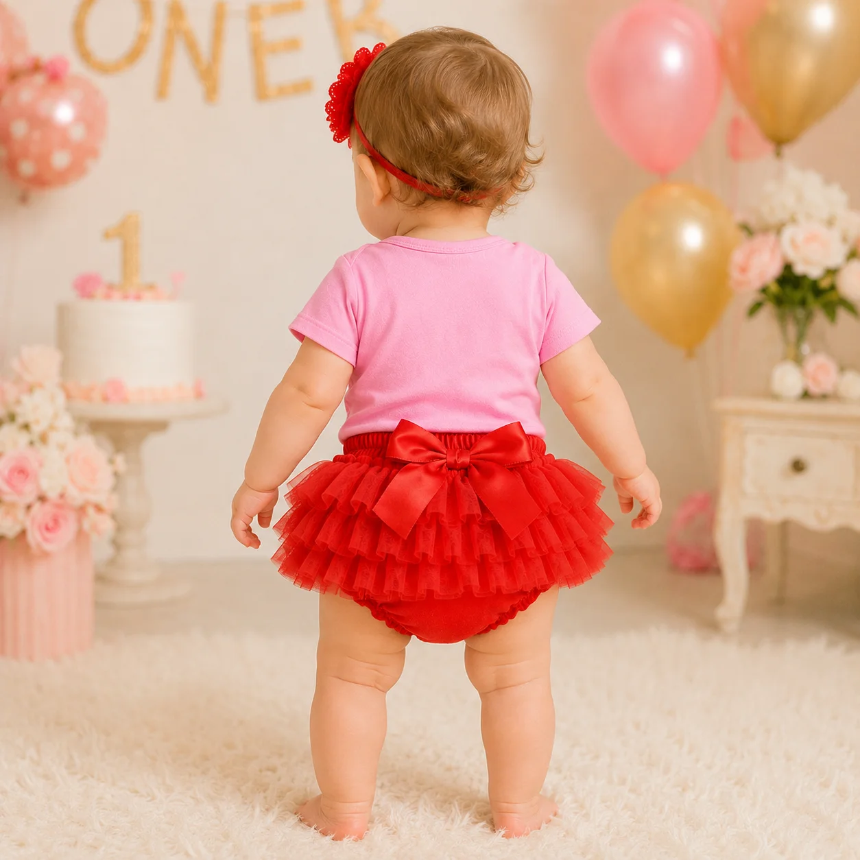 Baby Girl 1st Birthday Outfit Little Birthday Princess Print Romper Red Tutu Skirt Flower Headband 3Pcs Infant 1 Year Old Party