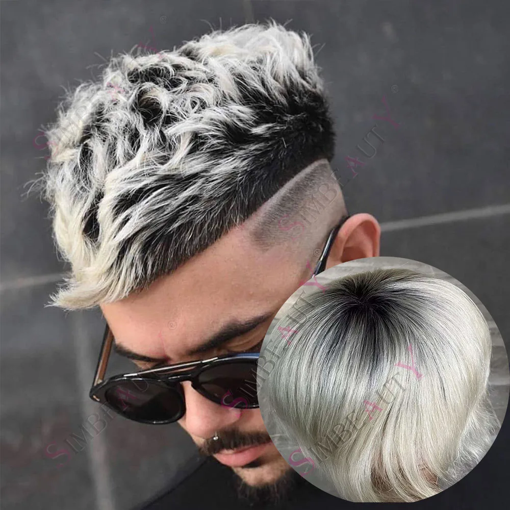 Invisible Full Swiss HD Lace Men's Toupee 1bt60R# Black Roots Ombre Platinum Grey Hair System Replacement Capillary Prosthesis