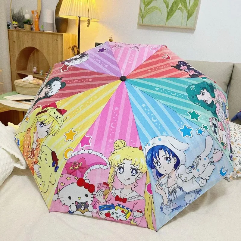Sailor Moon Automatic Cartoon Umbrella for Women UV Protection Sun Umbrella Rain & Sun Dual Use Mini Folding Portable Parasol