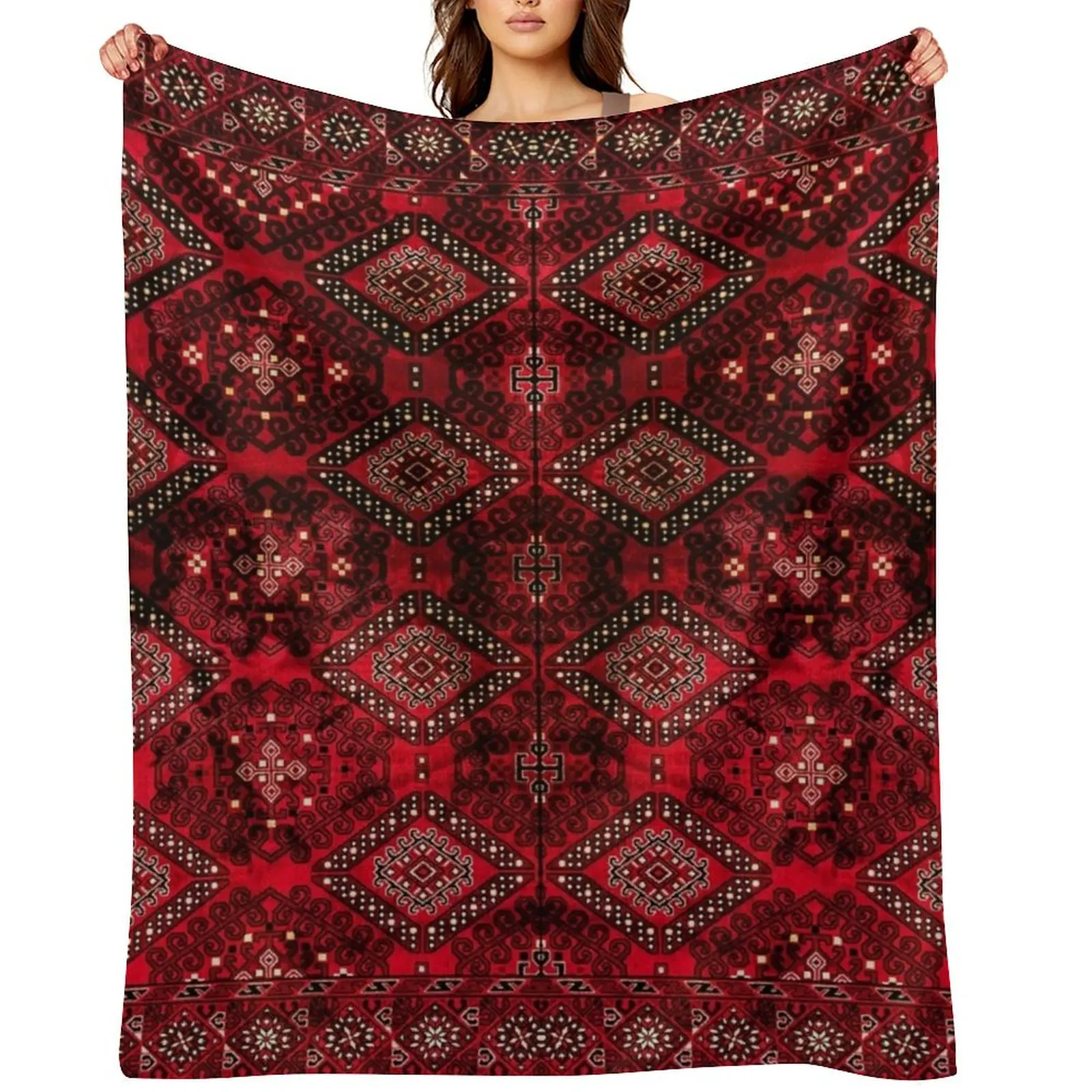 

Oriental Traditional Vintage Royal Red Moroccan Style Design Throw Blanket Soft Beds Hairy Flannel Fabric Custom Blankets