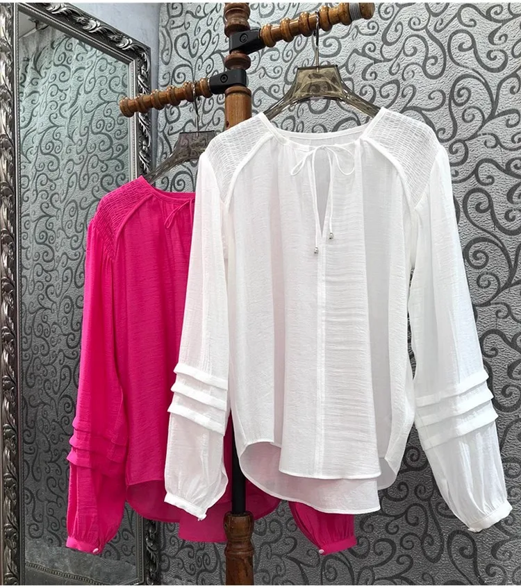 

High Quality Chiffon Blouse 2024 Spring Summer White Pink Tops Women Bow Deco Long Sleeve Elegant Loose Tops Blusas Feminino