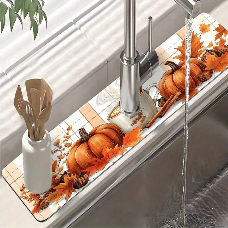 VIKAMA Pumpkin Maple Leaf Faucet Mat Plaid Print Kitchen Sink Splash Guard Non Slip Absorbent For Countertop Autumn Home Decor