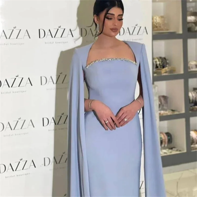 Blue Dubai Evening Dresses with Cape Sleeves Elegant Arabic Women Wedding Party Gowns Long Prom Dress New Fashinable Design