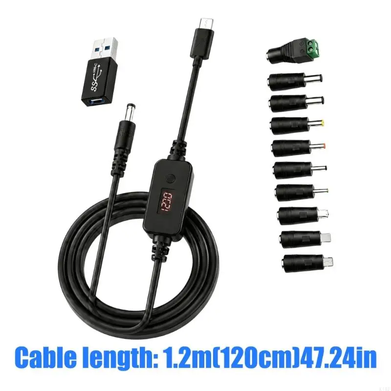 USB C to Round Tip Power Cable with Digital Readout, Voltages Adjustable 5V-20V Output for Worktable Electronics Use 120cm K1KF