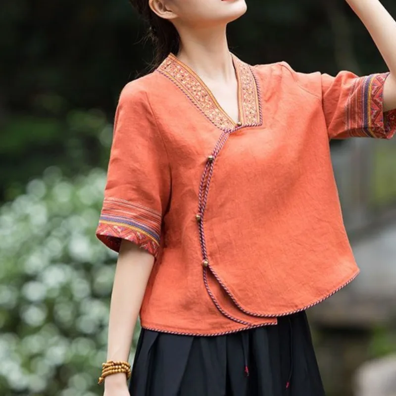 Vintage Folk Summer V-neck Embroiled Patchwork Button Fashionable Temperament Casual Short Sleeve Loose Short T-Shirts Tops