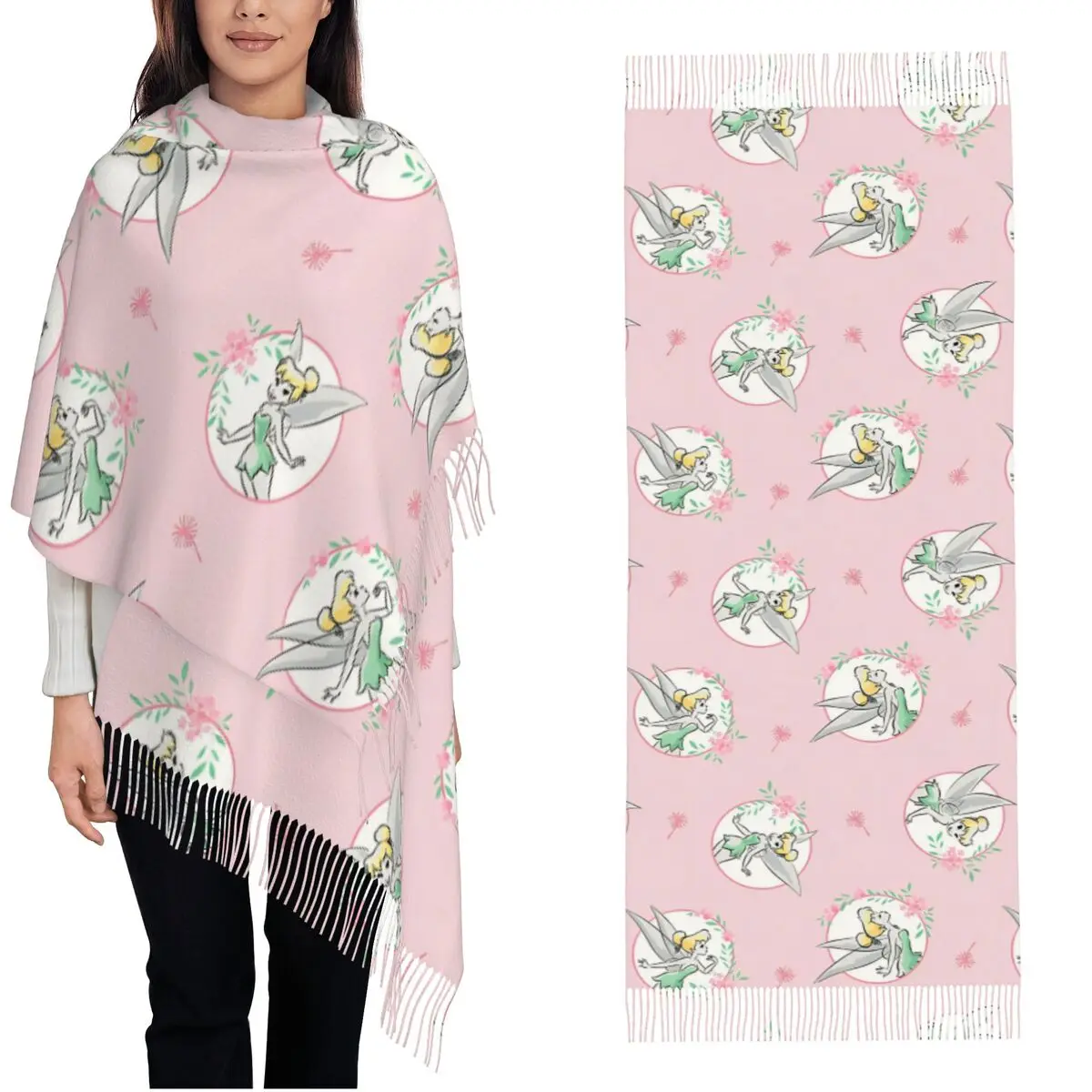 Tinker Bell Fairy Cartoon Scarf Women Fall Winter Pashmina Shawls and Wrap Princess Flower Anime Long Scarves Tassel  Daily Wear