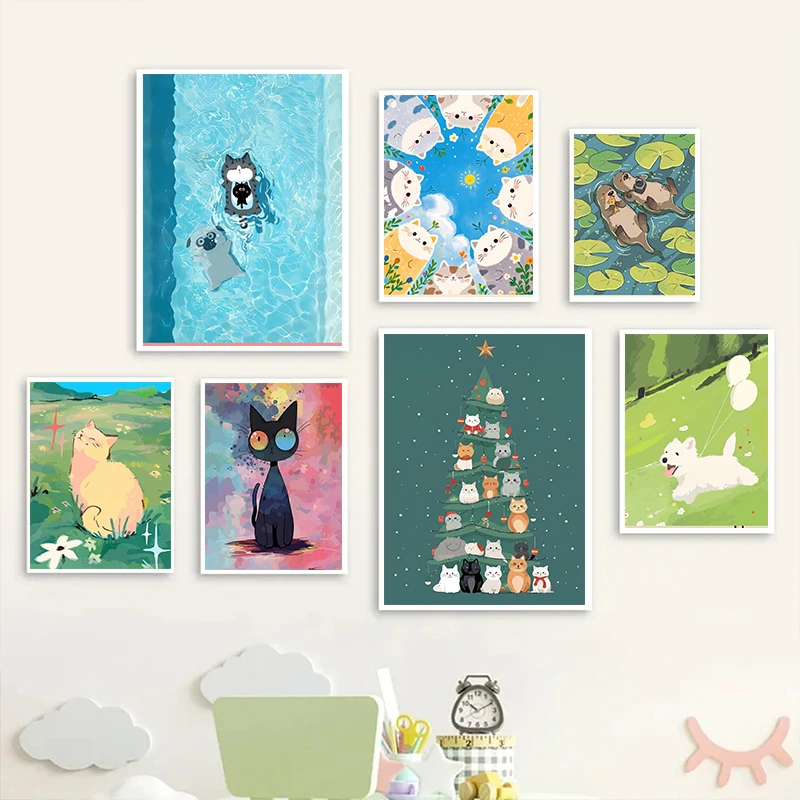 Colorful Cartoon Cat Dog Pet Poster Happy Floral Garden Wall Picture Nursery Kids Room Home Wall Decor Lovely Pet Lovers Gift
