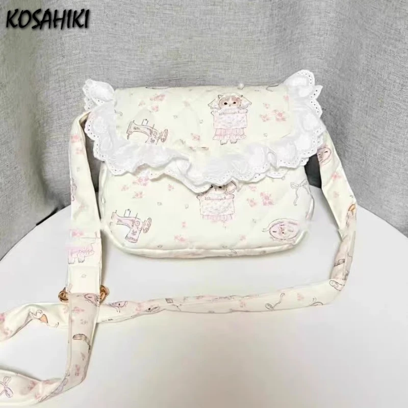 Japanese Kawaii Girls Sweet Ins Simple Shoulder Bag Fashion Cute Cat Flower Women\'s Bags 2024 New Y2k Trendy Handbags Crossbody