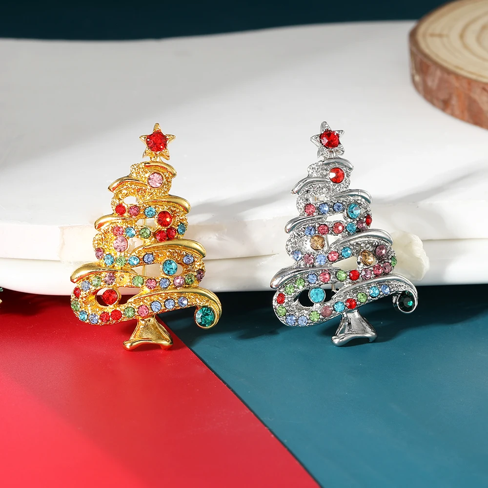 4Style Girl Luxury Dazzling Christmas Tree Lapel Pins With Full Colorful Crystal Paved Brooch Golden And Silver Tones Xmas Badge