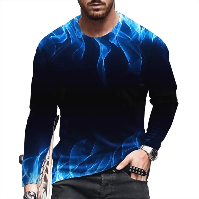 

New Tide Flame Pattern European Size Long Sleeved T-shirt For Men's Casual Autumn Trend Top Round Neck Tees