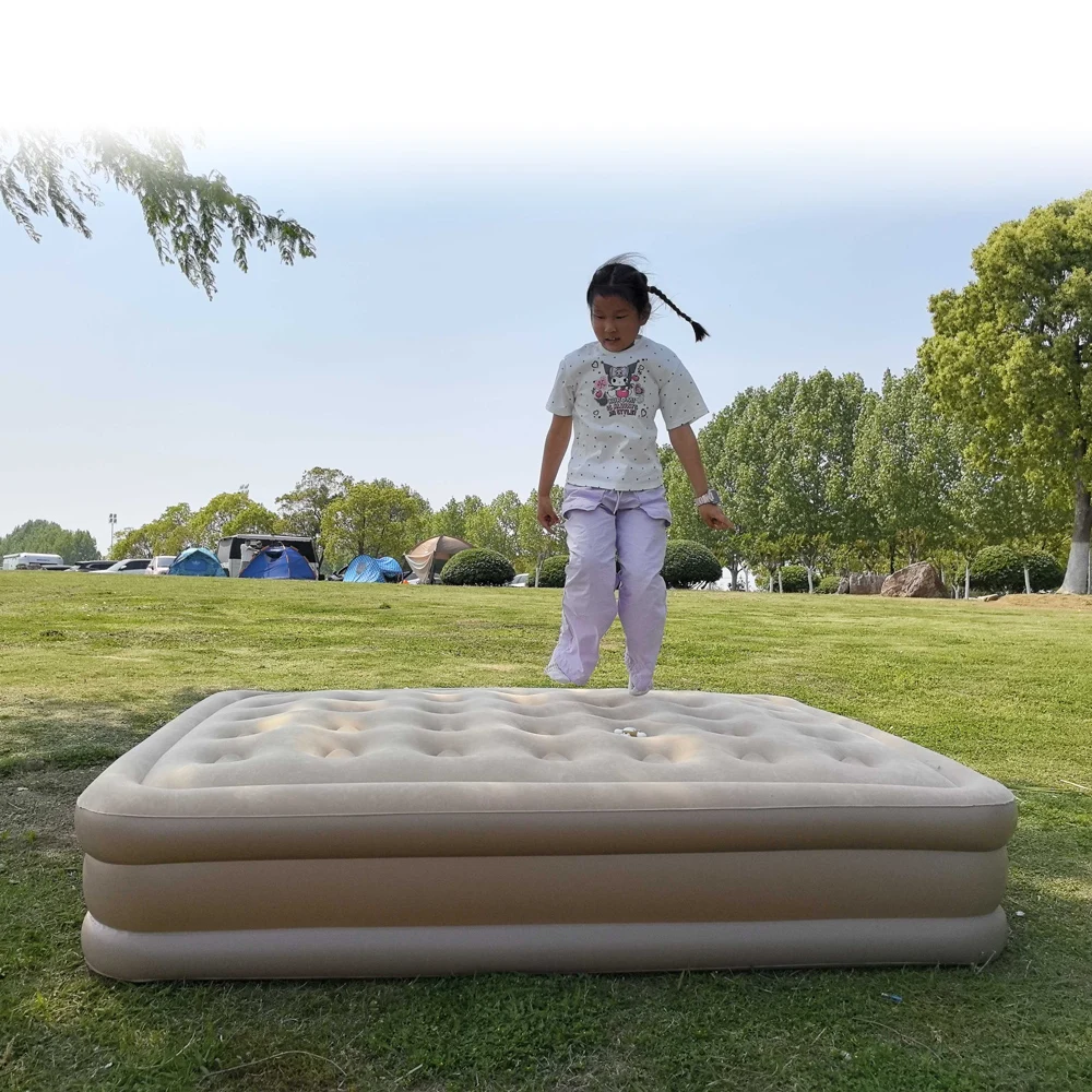 Durable Inflatable Air Mattress Glamping Mats PVC Inflatable Sleeping Mattress Double Height Inflatable Mattress Built-in Pump