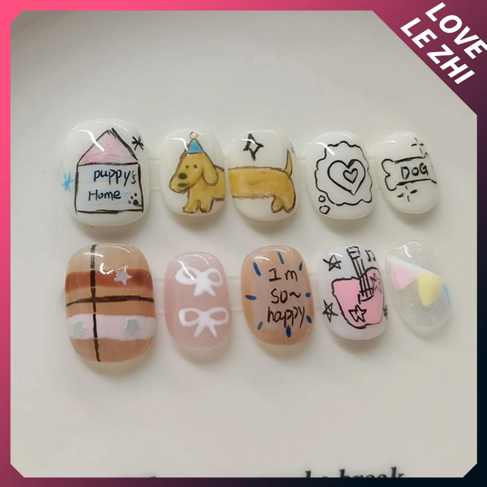10 Uds. De uñas postizas redondas y cuadradas cortas y bonitas hechas a mano, uñas postizas reutilizables con dibujos de perros y gatos pintadas a mano con lazo, perlas, pan y patatas